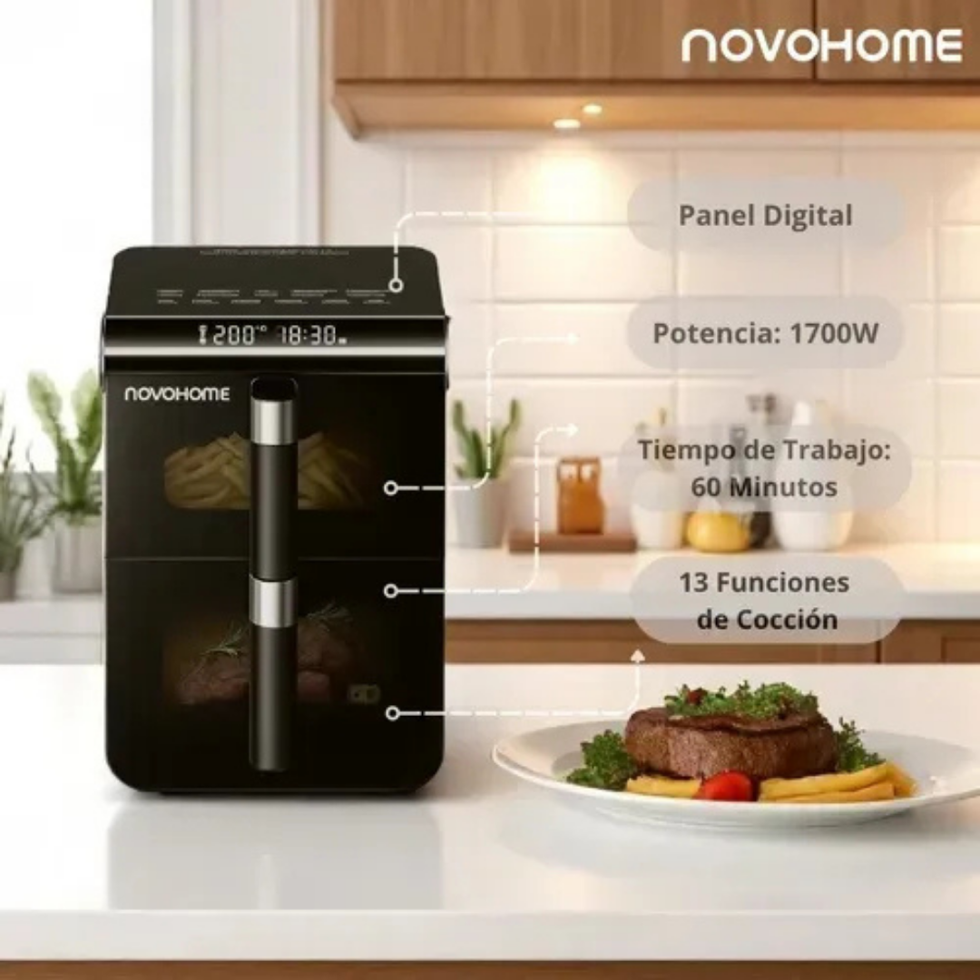 (Promoción 🔥) Freidora De Aire Novohome Doble Canasto 12 L Vertical 1700 W