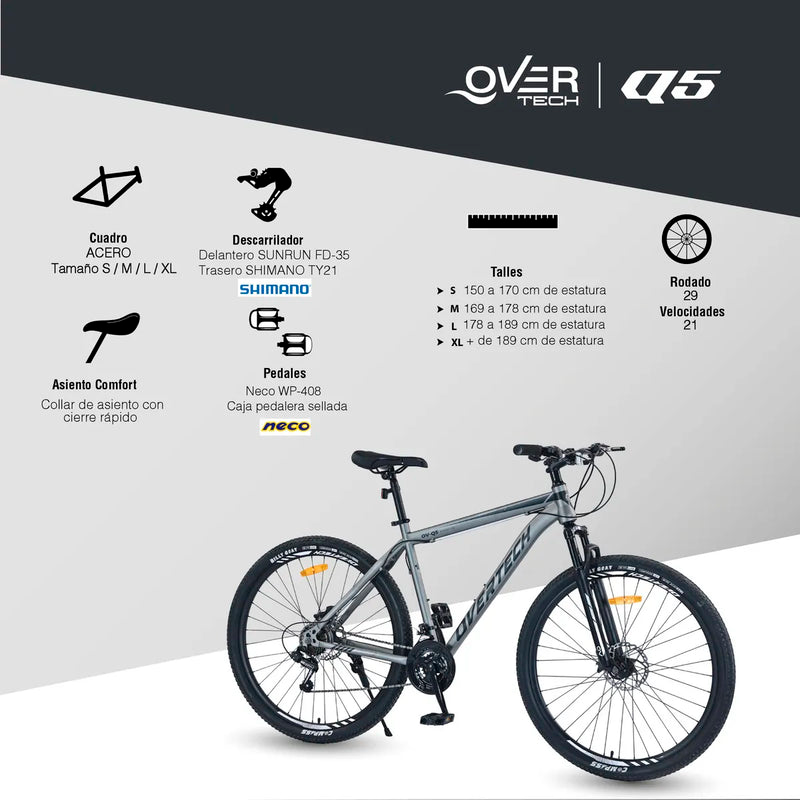 Bicicleta de montaña Overtech R29 Q5 21v Shimano 12x freno de disco