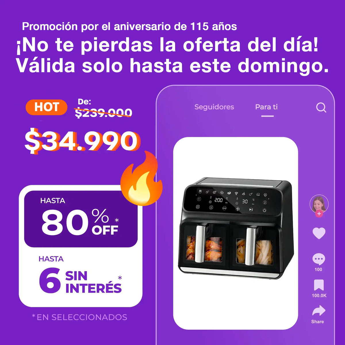 (Promoción de cumpleaños 🔥) Freidora de Aire Novohome Digital 8Lts Doble Canastos 4+4 1700W NH-AF DUAL 100W