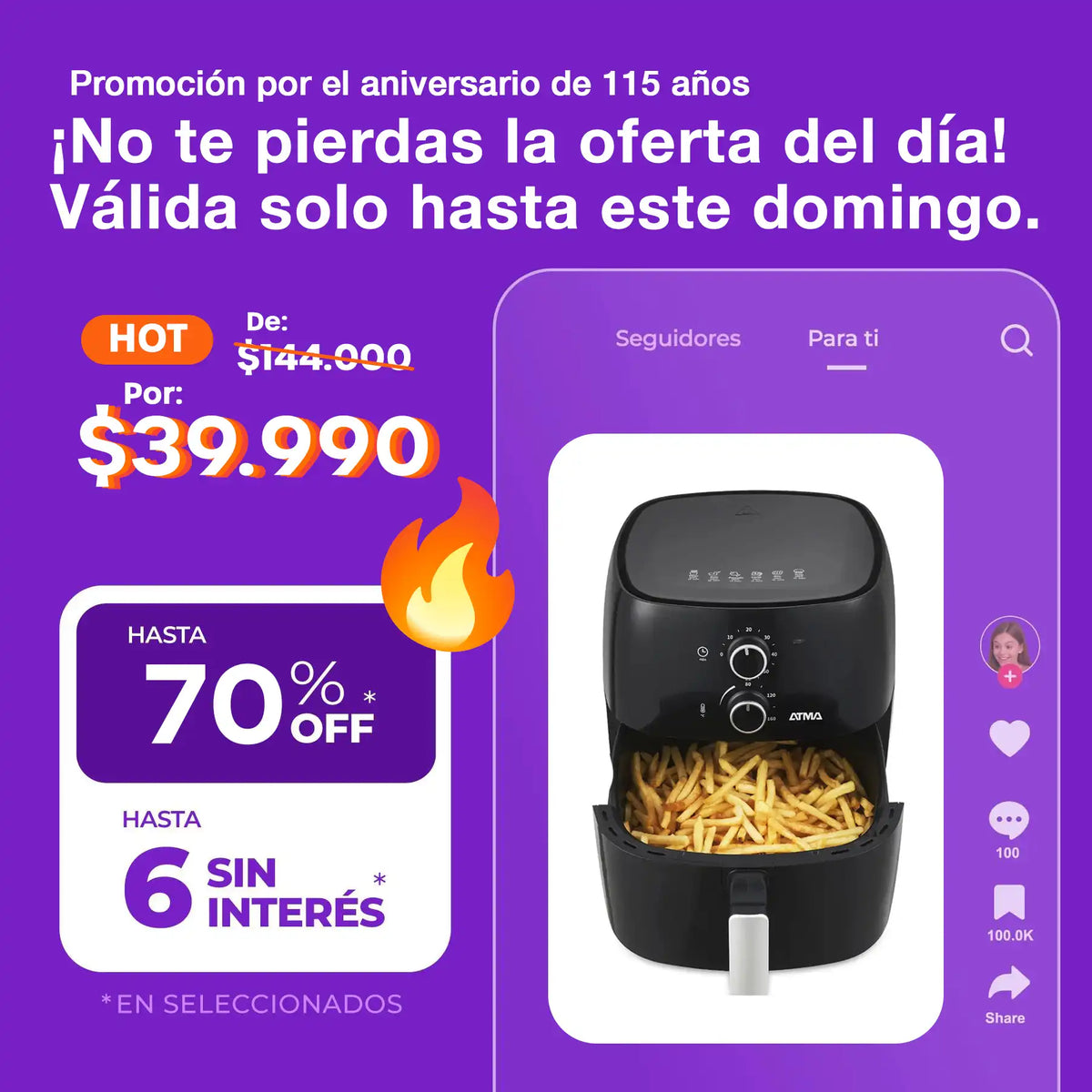 Freidora de aire Atma Fr60mabp 1300 W 6,5 L con temporizador 