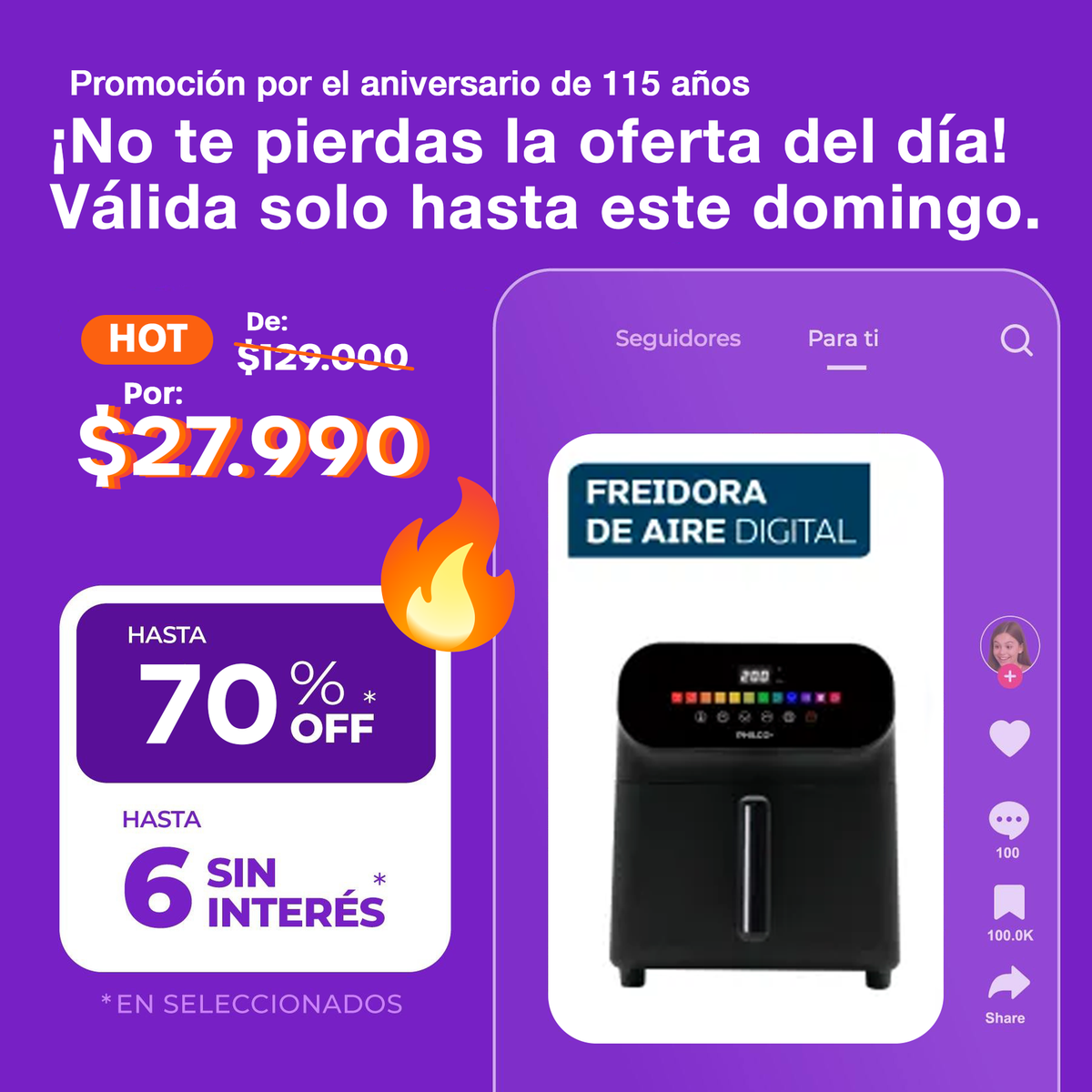 (Promoción de cumpleaños🔥)  Freidora de Aire Digital 6L Philco FR256PHP