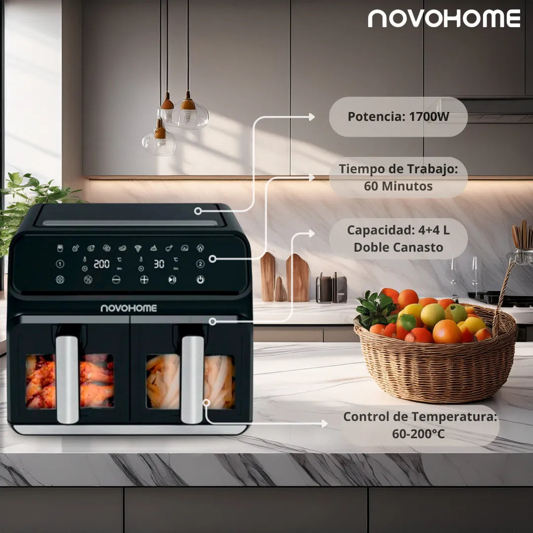 (Promoción Cumplimiento 🔥) Aire Freidora Novohome Digital 8Lts Doble Canastos 4+4 1700W NH-AF DUAL 100W
