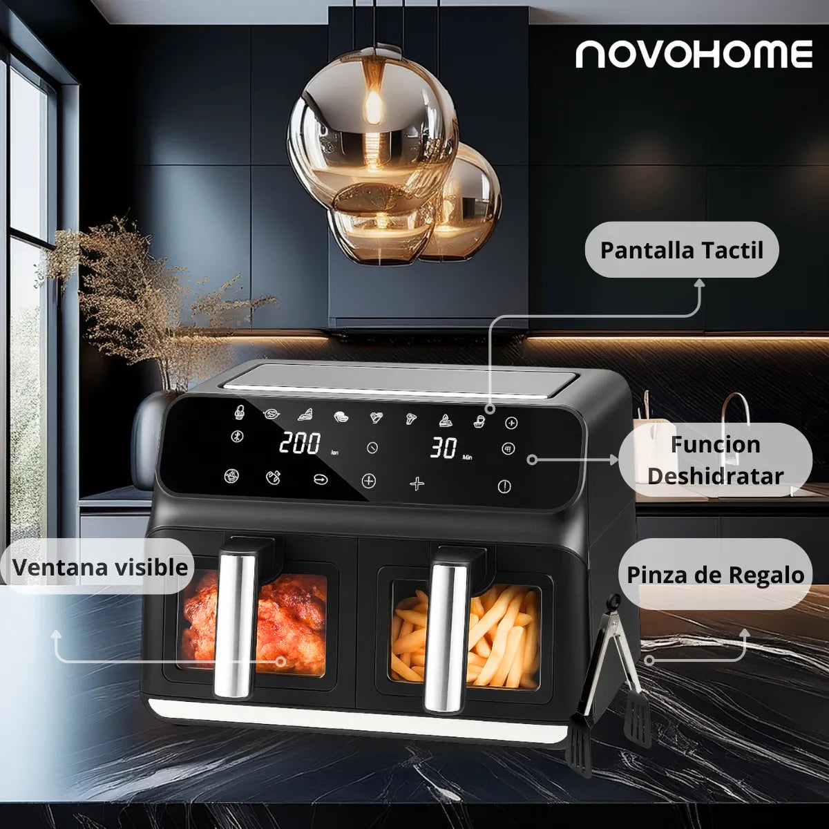 .Aire Freidora Novohome Digital 8Lts Doble Canastos 4+4 1700W NH-AF DUAL 100W