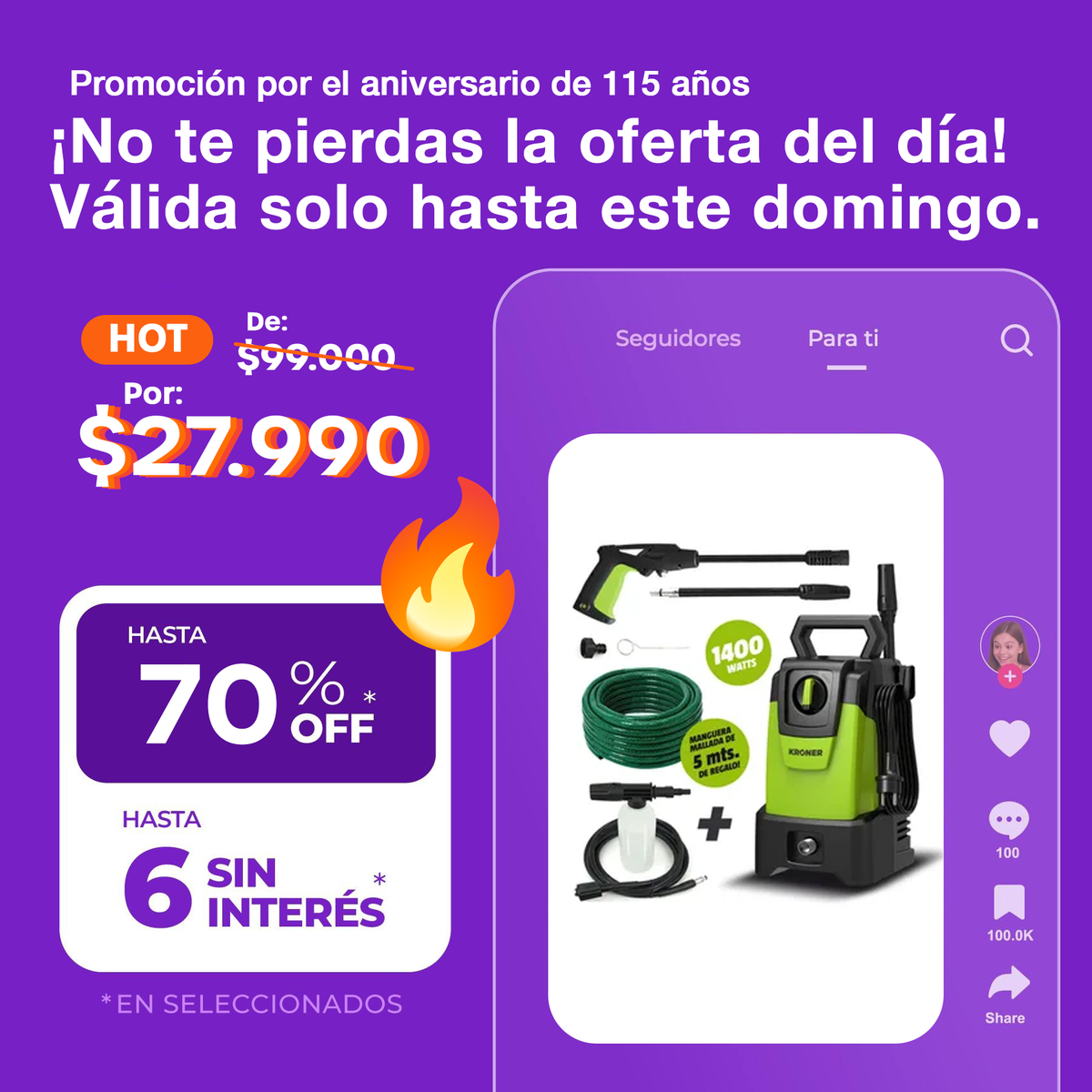 (Promoción de cumpleaños 🔥) Hidrolavadora Kroner 1400w 105 Bar AutoStop + Accesorios de Regalo