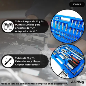 (Promoción 🔥) Kit de Herramientas Combinadas Alpina 108 Piezas en Caja de Transporte Color Azul Claro