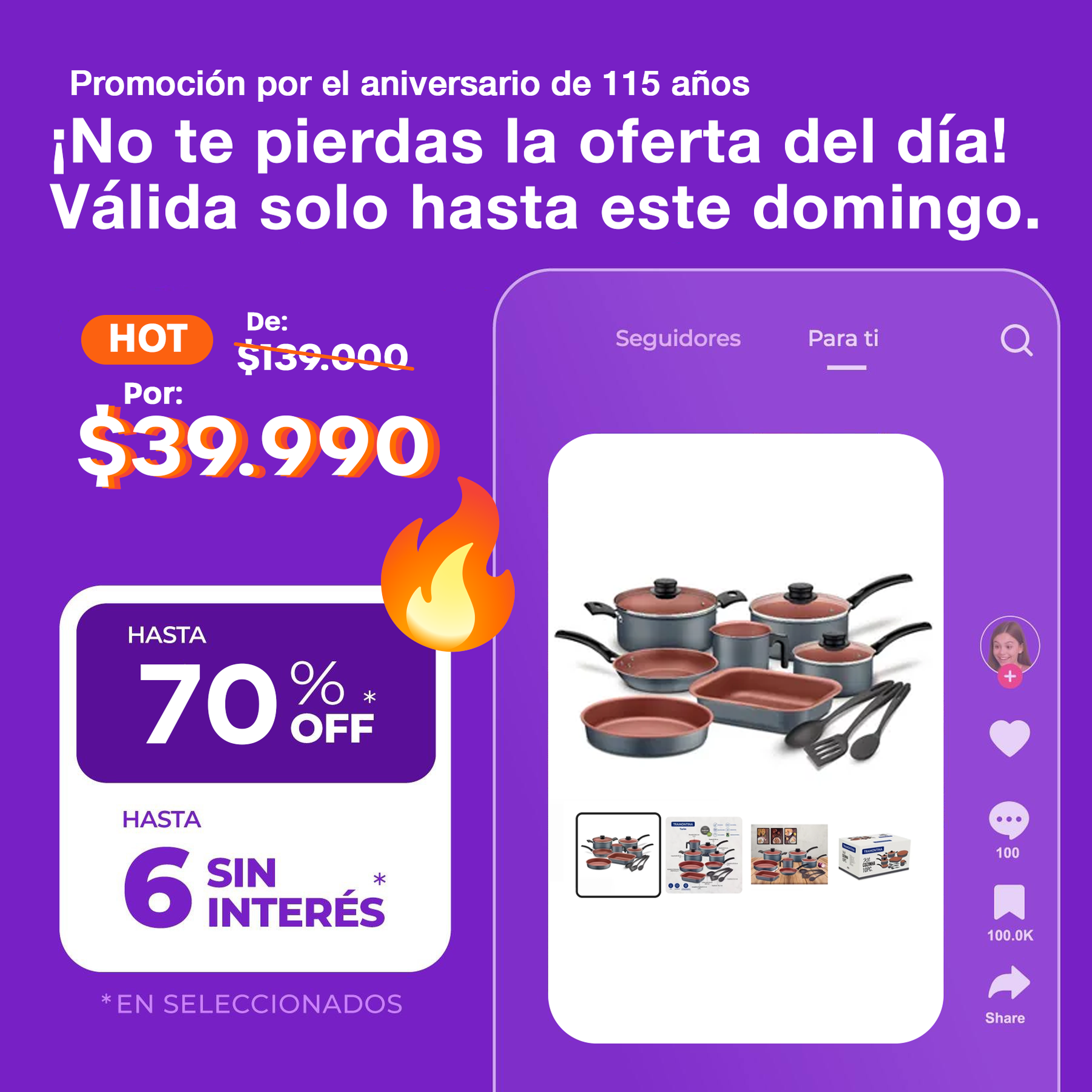 (Promoción de cumpleaños 🔥) Batería de Cocina Tramontina Turim 10 Piezas 20298/614 Negro